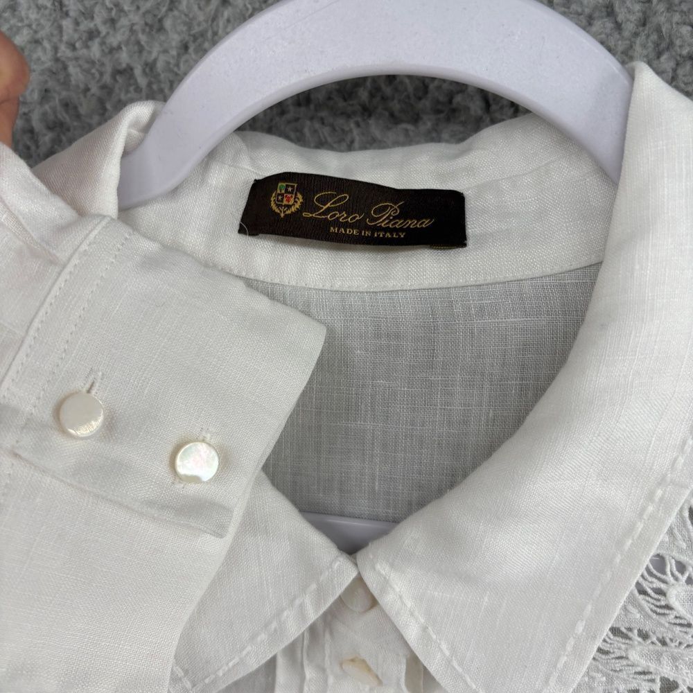 Loro Piana White Embroidered Linen Button-Up Shirt Size Large Made in Italy - Picture 9 of 10